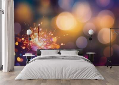 background with sparkler at new year`s eve party with bokeh of glowing colorful lights Wall mural